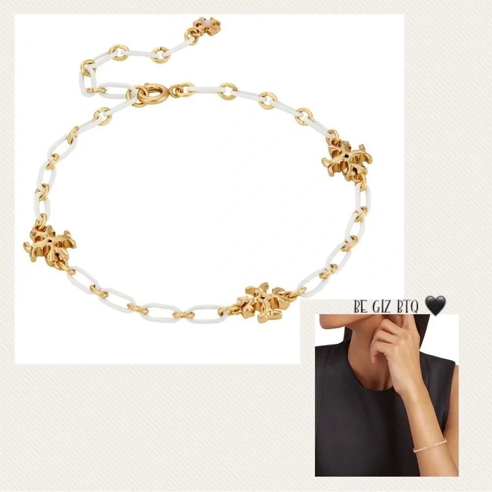 🆕Tory Burch Authentic Roxanne Gold-Plated & Ivory Acrylic Logo Chain Bracelet